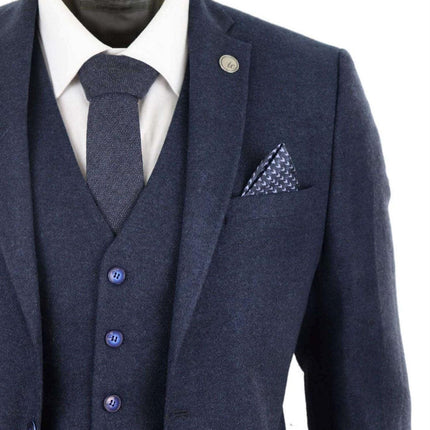 Mens 3 Piece Navy Blue Wool Tweed Vintage Retro Suit