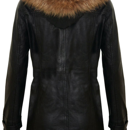 Womens Warm Leather Hooded Parka Jacket-Northwich