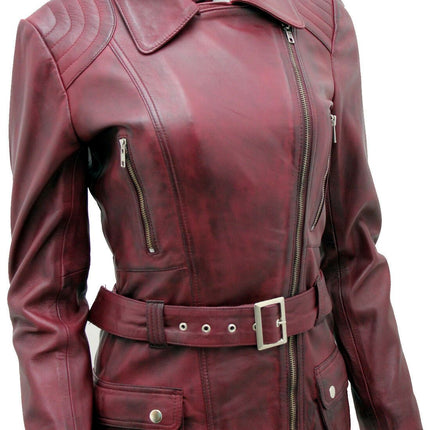 Womens Long Leather Biker Jacket-Quito