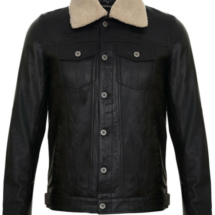 Mens Removable Collar Leather Trucker Jacket-Zagreb