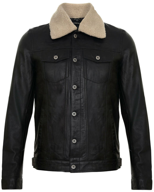 Mens Removable Collar Leather Trucker Jacket-Zagreb
