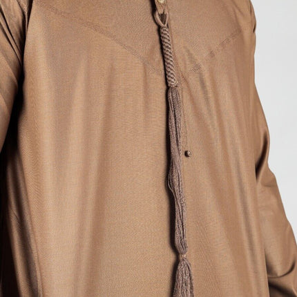 Men's Brown Thobe Emirati Islamic Jubba Robe Eid Tassel Slim Fit