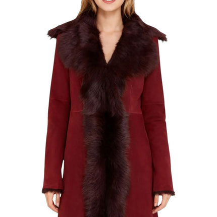 Womens Burgundy Red Toscana Sheepskin Suede Trench Coat-Tbilisi