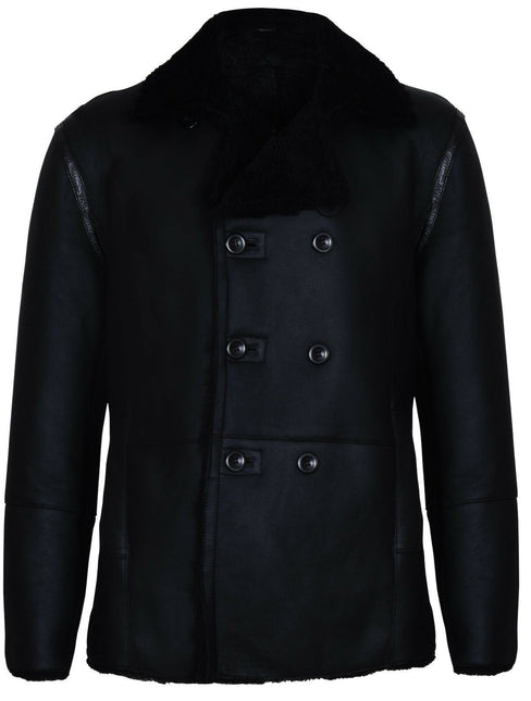 Mens Double Breasted Shearling Sheepskin Pea Coat-Valencia