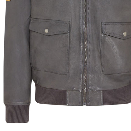 Men’s Grey Leather Bomber G-1 Aviator Collar Jacket  - Maverick
