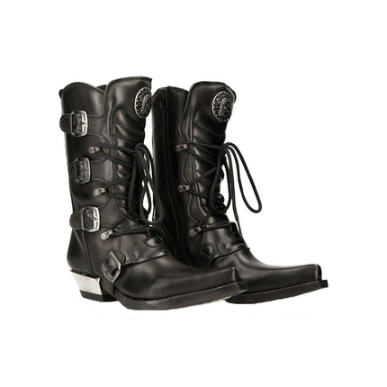 New Rock Black Leather Cowboy Buckle Boots- M-7993-S1