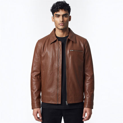 Mens Leather Tan Harrington Collar Biker Jacket - Arick