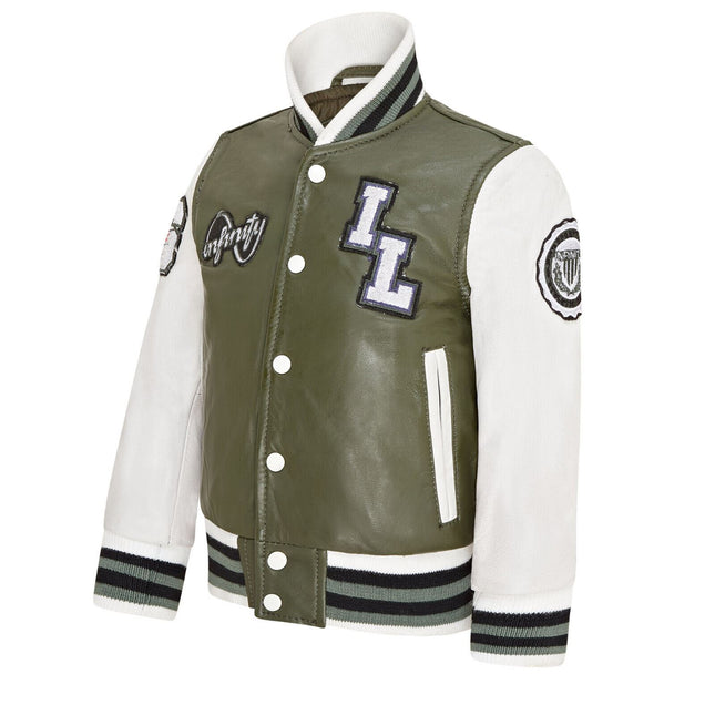 Kids Green Letterman Leather Varsity College Bomber Jacket