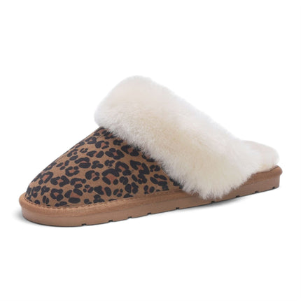 Women's Genuine Sheepskin Leopard Print Suede Mule Winter Slippers -Luna