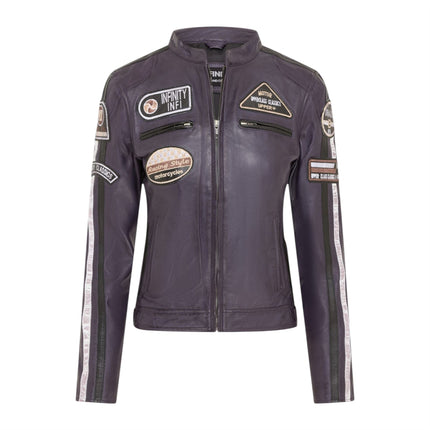 Womens Biker Racing Badges Purple Leather Jacket-Eastleigh