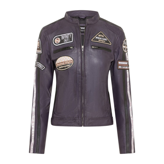 Womens Biker Racing Badges Purple Leather Jacket-Eastleigh