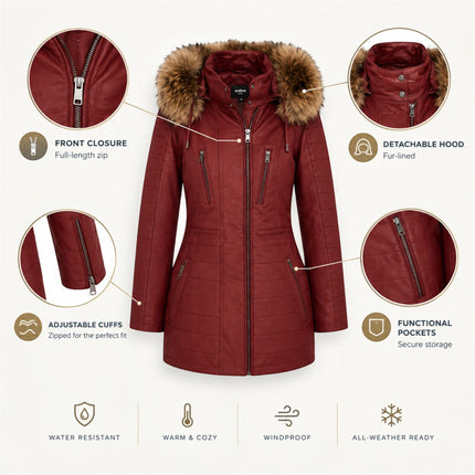 Womens Red Slim Fit Leather Hooded Parka Jacket-Northam