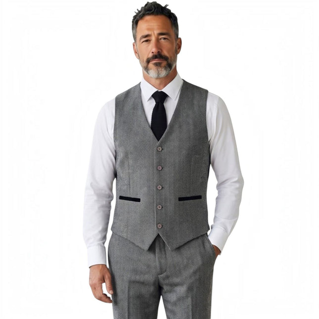 Men's Grey 3 Piece Tweed Herringbone Formal Suit -  IM4