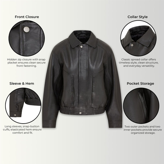 Womens Black Leather Biker Bomber Oversized Jacket - Blouson