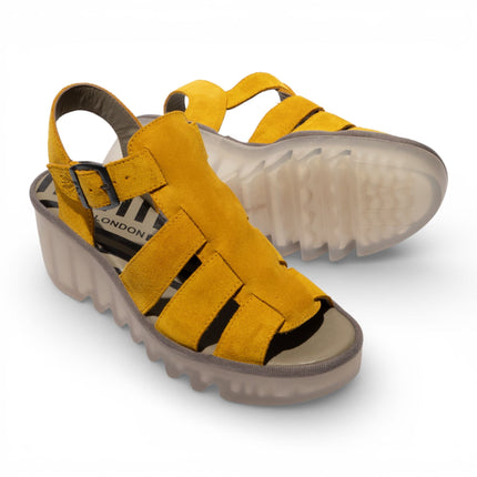 Fly London Women's BAIC621FLY Yellow Suede Leather Wedge Sandals