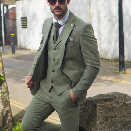 Men's Sage Green Tailor Fit 3 Piece Linen Summer Wedding Suit