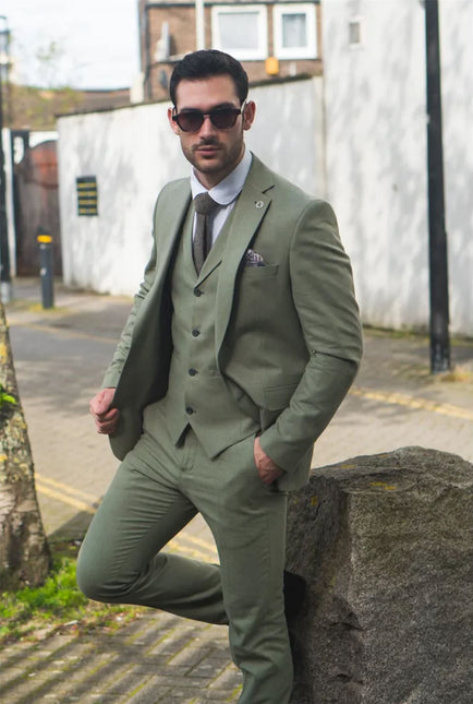 Men's Sage Green Tailor Fit 3 Piece Linen Summer Wedding Suit