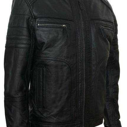 Men's Vintage Black Leather Biker Jacket-Naples