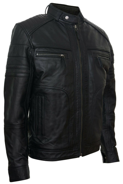 Men's Vintage Black Leather Biker Jacket-Naples