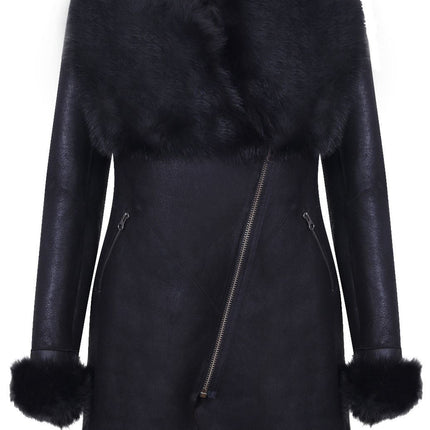 Womens Black Merino Shearling Coat with Toscana Collar-Fortaleza