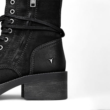 Windsorsmith Womens Black Suede Combat Boots Mid-Calf Lace-Up Biker Shoes - Gather