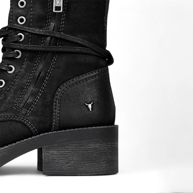 Windsorsmith Womens Black Suede Combat Boots Mid-Calf Lace-Up Biker Shoes - Gather