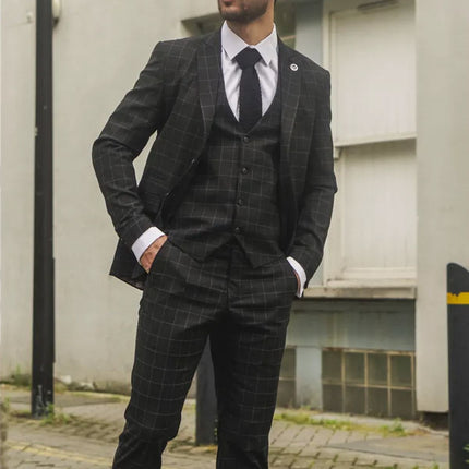 Men's Black Checked 3 Piece Suit Tailored Fit