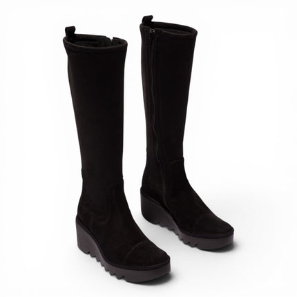 Fly London Womens Black Suede Leather High Wedge Heel Long Boots - BUDI603