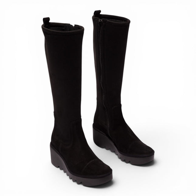 Fly London Womens Black Suede Leather High Wedge Heel Long Boots - BUDI603