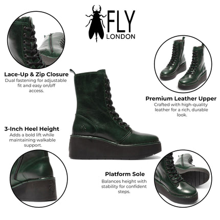 Fly London Womens Petrol Green Hait273 Leather Lace-Up Chunky Platform Ankle Boots