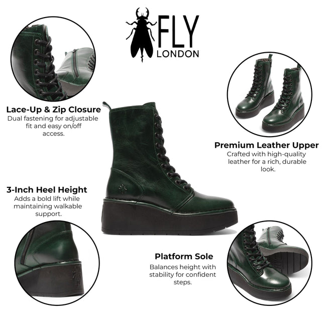 Fly London Womens Petrol Green Hait273 Leather Lace-Up Chunky Platform Ankle Boots