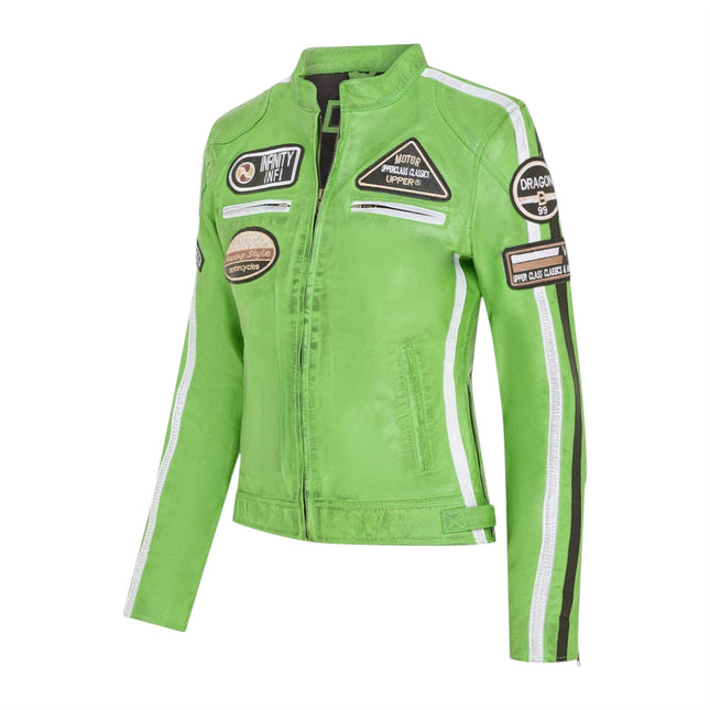 Womens Biker Racing Badges Green Leather Jacket-Eastleigh