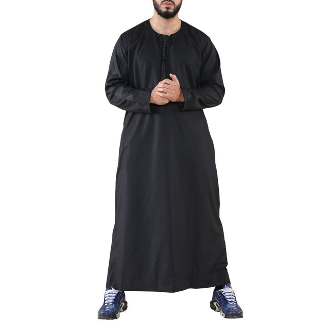 Mens Black Thobe Jubba Saudi Islamic Arab Eid Emirati Kaftan Jubbah Tassel Robe