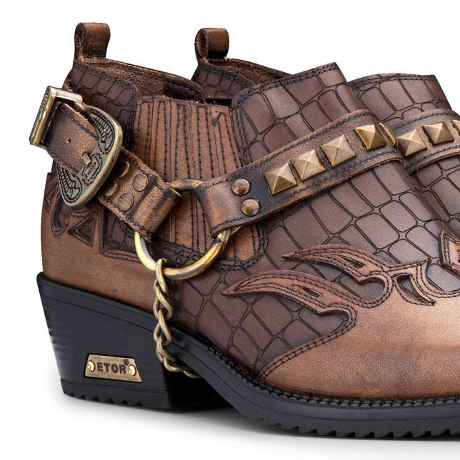 Men’S Tan Croc Leather Winklepicker Studded Western Biker Boots