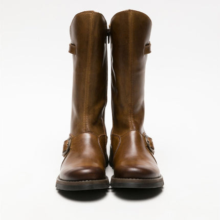 Fly London Womens Camel Mes 2 Wedge Heel Buckle Mid-Calf Leather Zip Platform Boots