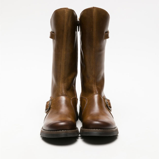 Fly London Womens Camel Mes 2 Wedge Heel Buckle Mid-Calf Leather Zip Platform Boots