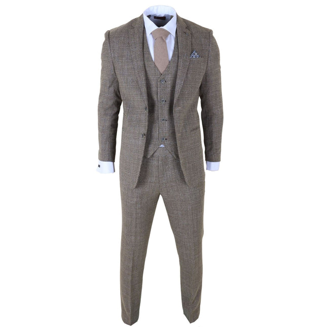 Men's 3-Piece Brown Classic Check Suit Slim Fit Plain Formal Party Suit