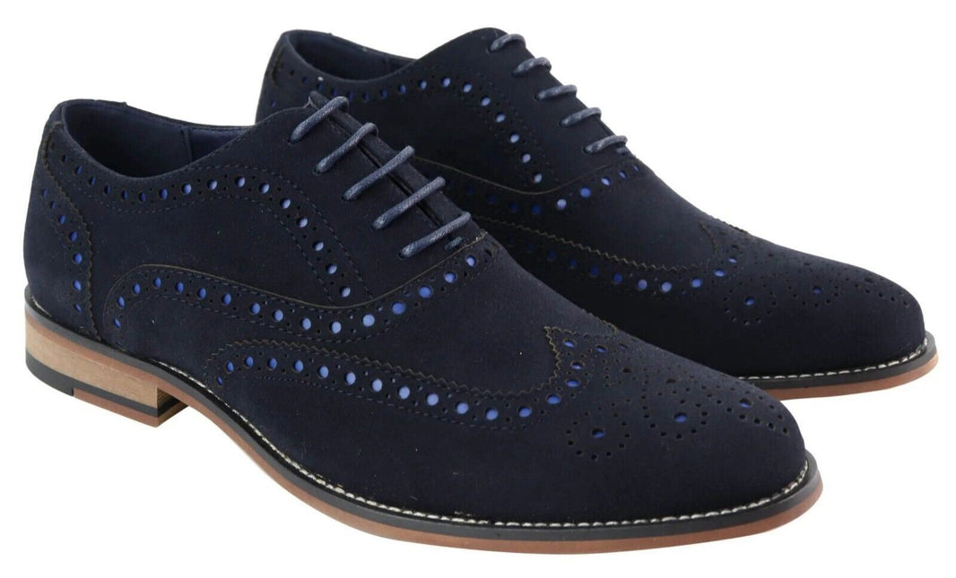 Mens Classic Oxford Brogue Shoes In Navy Blue Suede