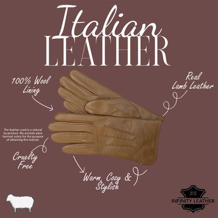 Womens Tan Brown Italian Leather Winter Stitch Line Design Soft Wool Lining Gloves - L-GLV-301
