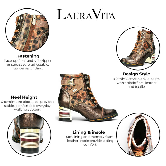 Laura Vita Women's Victorian Floral Bronze Leather Lace-Up Ankle Boots - Idcorao-10