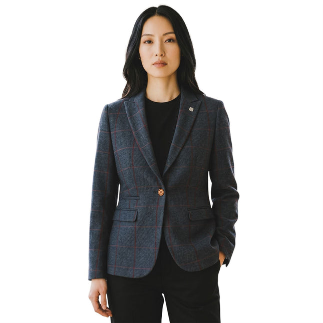 Women's Navy Tweed Blazer Tailored Formal Jacket - Madrid