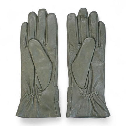 Womens Olive Green Italian Leather Winter Bow Design Soft Wool Lining Gloves - L-GLV-401