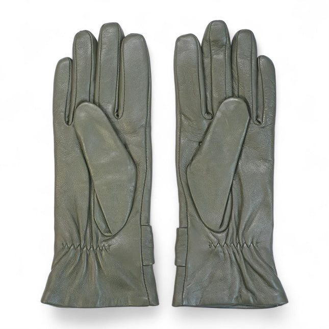Womens Olive Green Italian Leather Winter Bow Design Soft Wool Lining Gloves - L-GLV-401