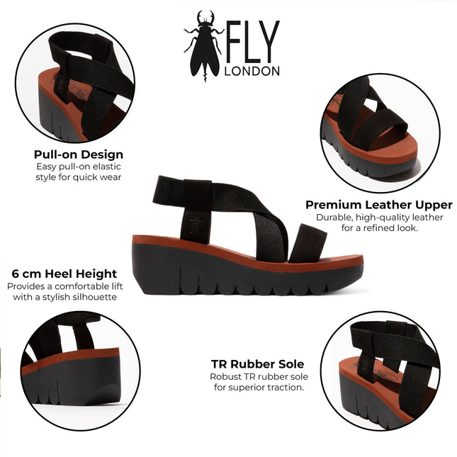 Fly London Women's Yabi922Fly Black Brick Cupido Leather Wedge Sandals