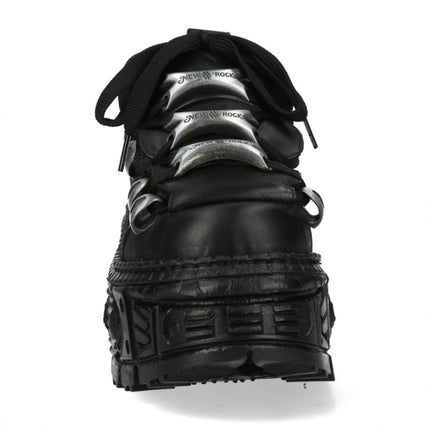 New Rock M-Overz106B-C1 Metallic Chunky Black Leather Gothic Ankle Boots