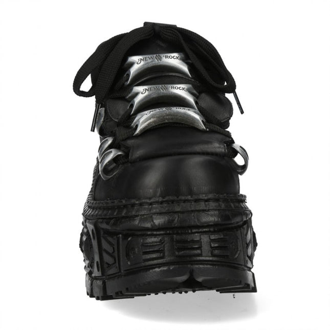 New Rock M-Overz106B-C1 Metallic Chunky Black Leather Gothic Ankle Boots
