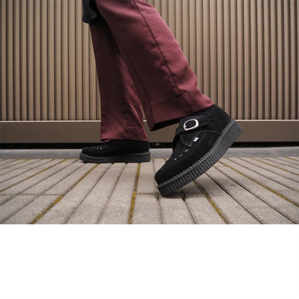 TUK Pointed Creeper Black Suede Monk Buckle Platform Shoes - A8139