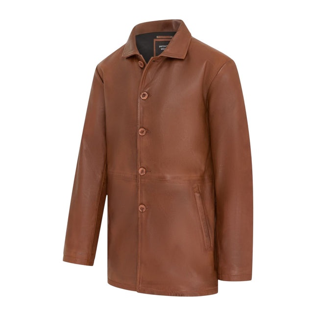 Men's Tan Leather Long Collared Car Coat Jacket - Berry