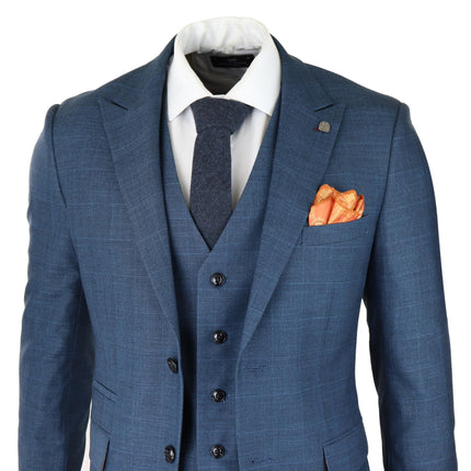 Mens 3 Piece Blue Suit Prince Of Wales Check Classic Light Tailored Fit Modern