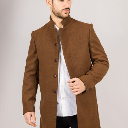 Men's Brown Stand Collar Wool Blend Overcoat